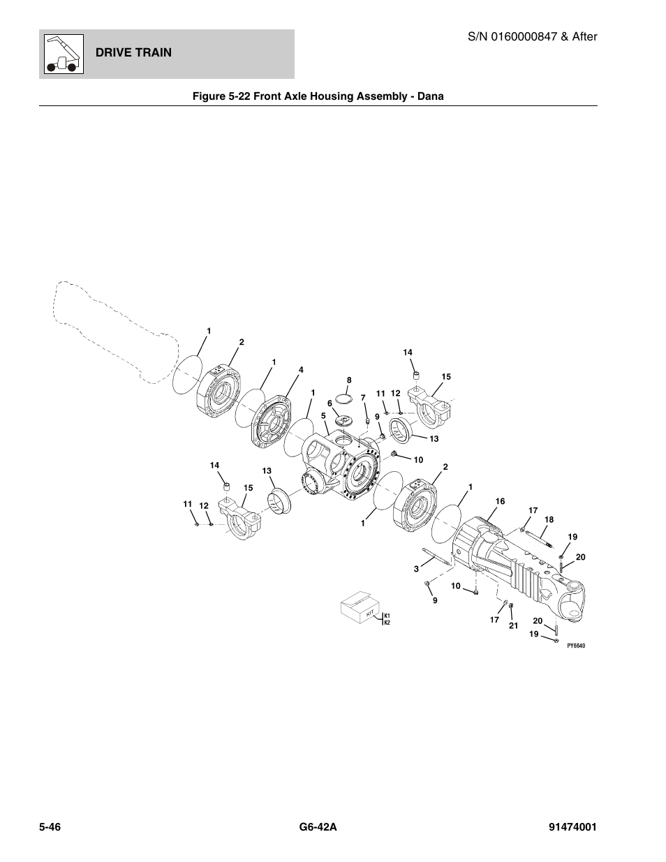 Figure 5-22 front axle housing assembly - dana, Front axle housing assembly - dana -46, Housing assy, (see figure 5-22 for details) | JLG G6-42A Parts Manual User Manual | Page 314 / 826