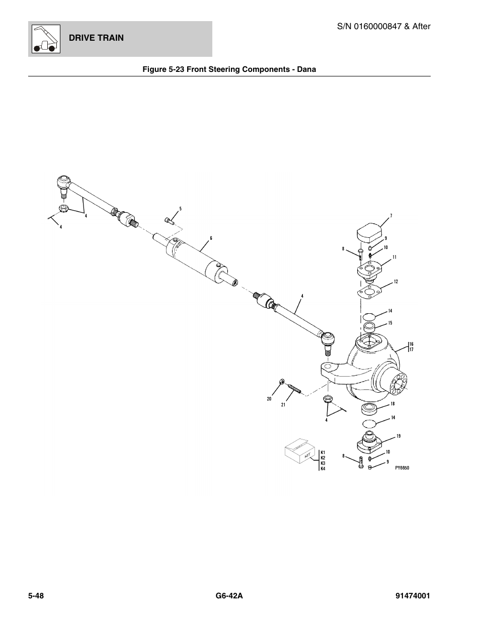 Figure 5-23 front steering components - dana, Front steering components - dana -48, Steering components, (see figure 5-23 for details) | JLG G6-42A Parts Manual User Manual | Page 316 / 826