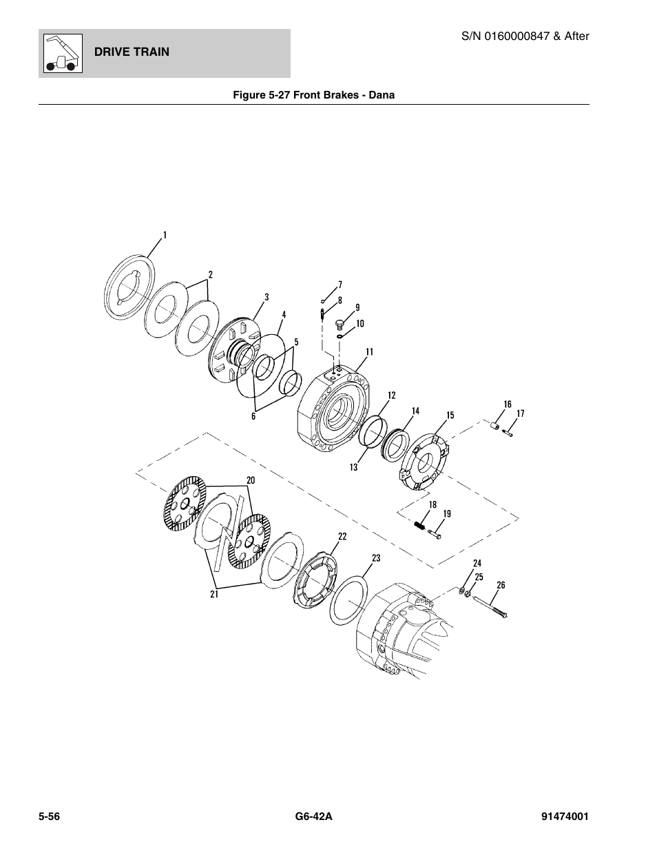 Figure 5-27 front brakes - dana, Front brakes - dana -56, Brakes, (see figure 5-27 for details) | JLG G6-42A Parts Manual User Manual | Page 324 / 826