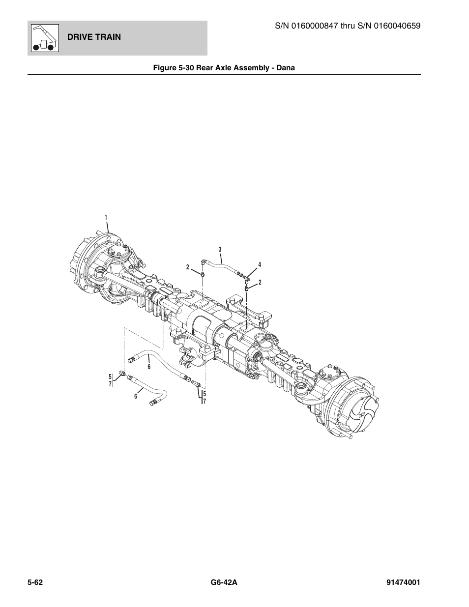 Figure 5-30 rear axle assembly - dana, Rear axle assembly - dana -62 | JLG G6-42A Parts Manual User Manual | Page 330 / 826