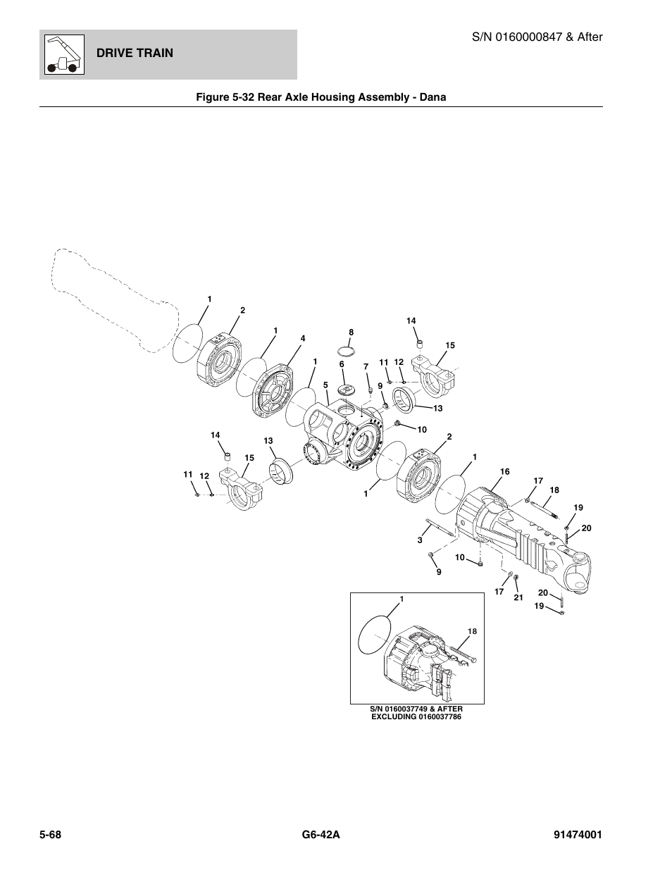 Figure 5-32 rear axle housing assembly - dana, Rear axle housing assembly - dana -68, Housing assy, (see figure 5-32 for details) | JLG G6-42A Parts Manual User Manual | Page 336 / 826