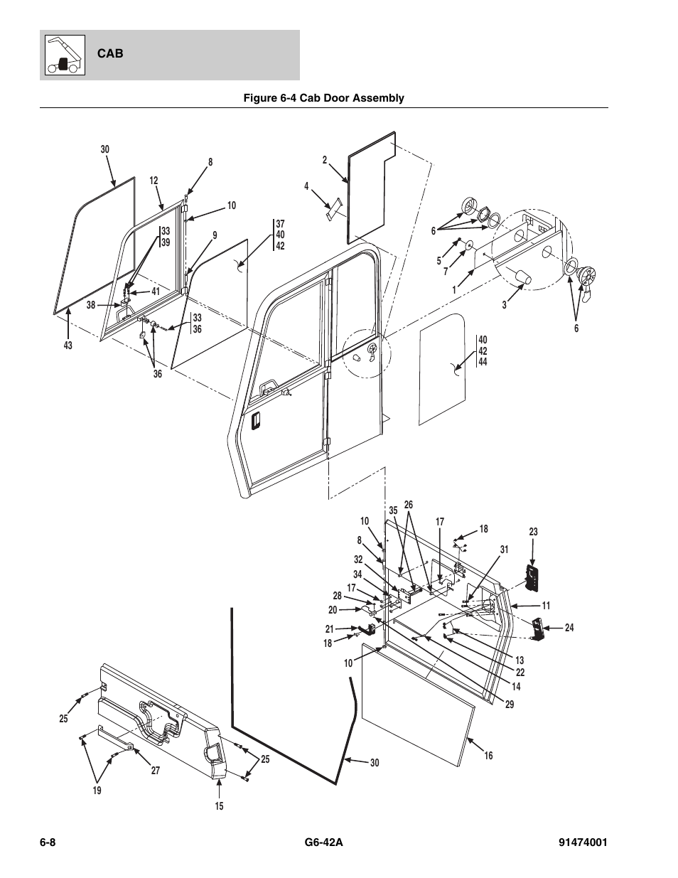 Figure 6-4 cab door assembly, Cab door assembly -8, Ssy, (see figure 6-4 for details) | Door hold open assy, (see figure 6-4 for details) | JLG G6-42A Parts Manual User Manual | Page 370 / 826