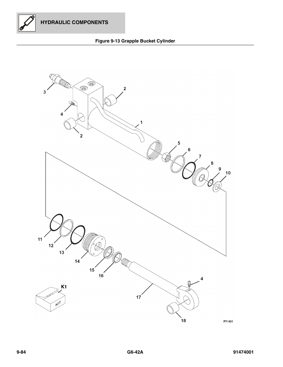 Figure 9-13 grapple bucket cylinder, Grapple bucket cylinder -84 | JLG G6-42A Parts Manual User Manual | Page 552 / 826