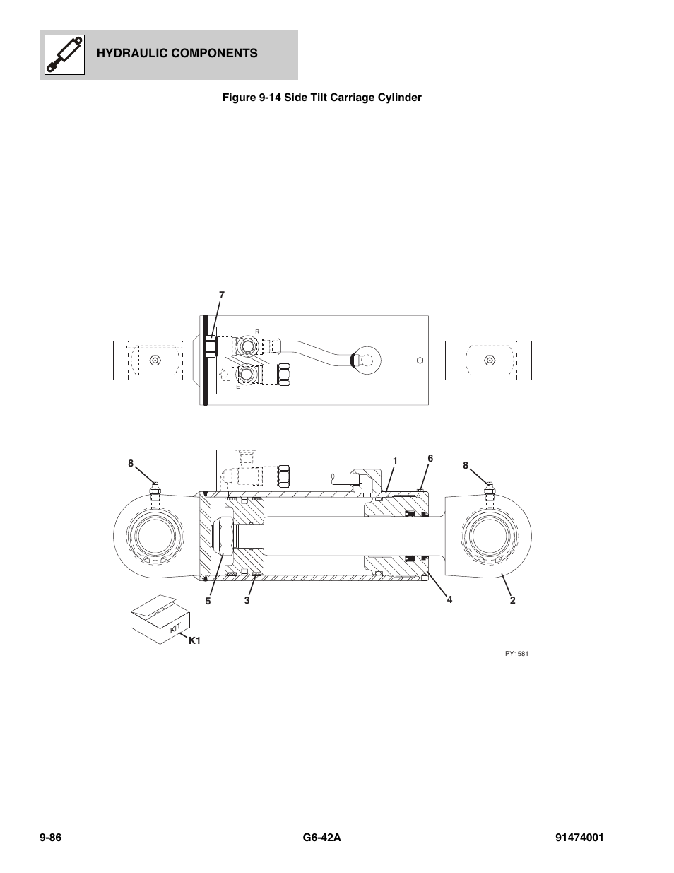 Figure 9-14 side tilt carriage cylinder, Side tilt carriage cylinder -86, Hydraulic components | JLG G6-42A Parts Manual User Manual | Page 554 / 826