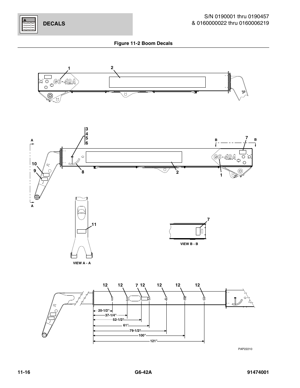 Figure 11-2 boom decals, Boom decals -16, N), (see figure 11-2 for details) | Decals | JLG G6-42A Parts Manual User Manual | Page 640 / 826