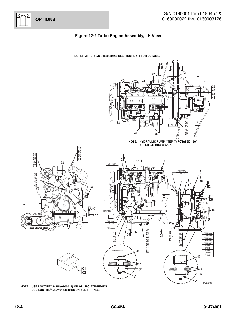 Figure 12-2 turbo engine assembly, lh view, Turbo engine assembly, lh view -4, See figure 12-2 thr | Options | JLG G6-42A Parts Manual User Manual | Page 648 / 826