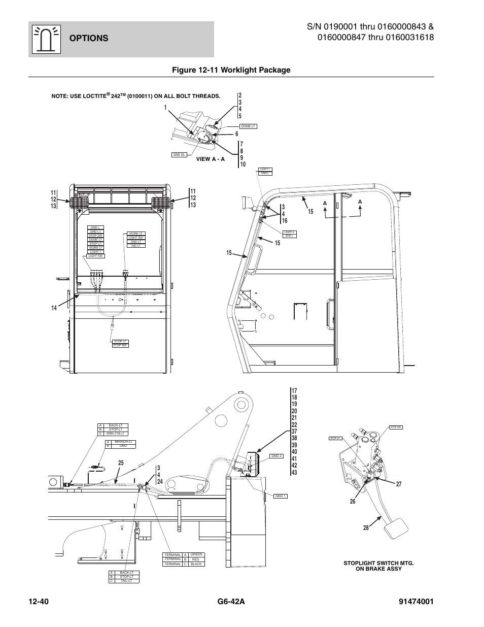 Figure 12-11 worklight package, Worklight package -40, Options | Ba a b c, Ab a b | JLG G6-42A Parts Manual User Manual | Page 684 / 826
