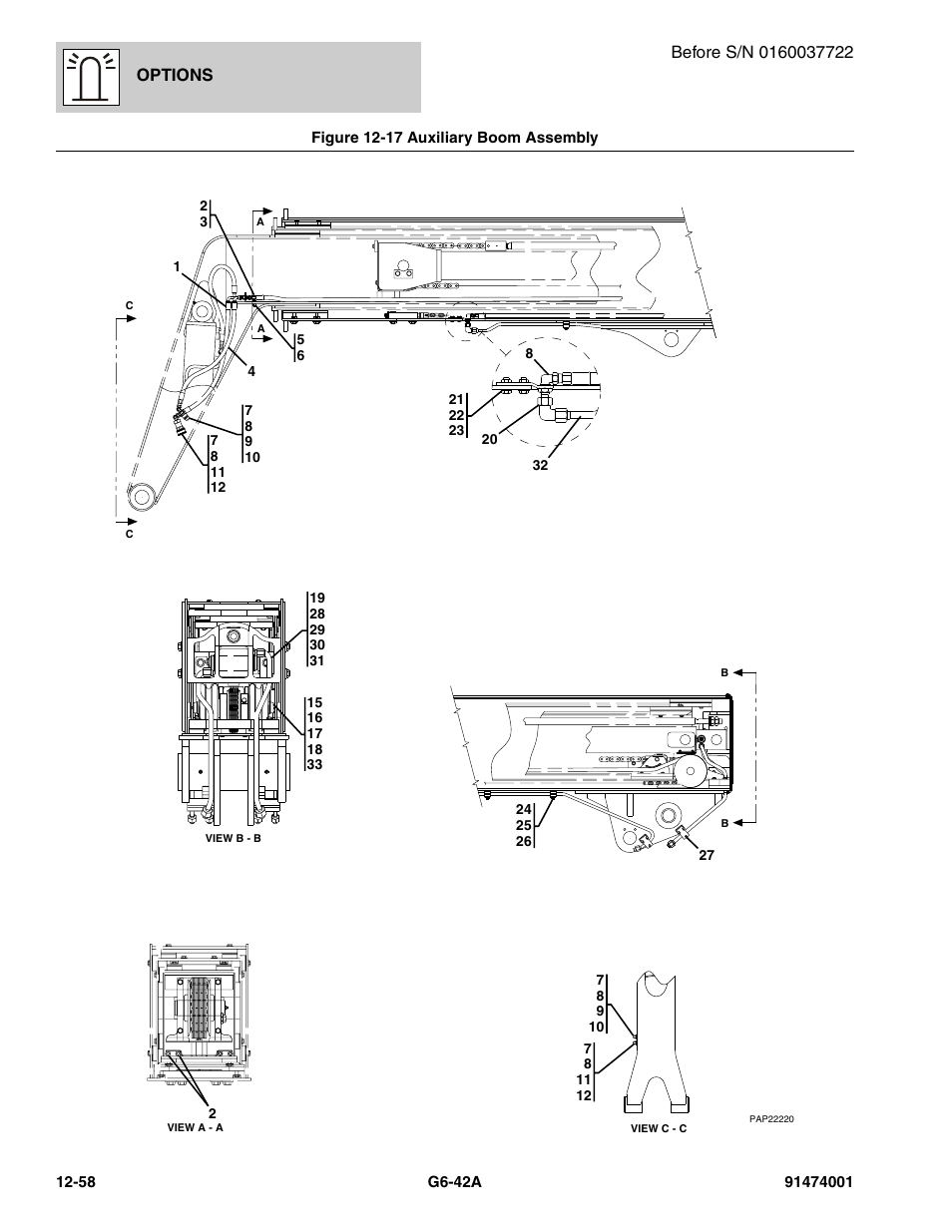 Figure 12-17 auxiliary boom assembly, Auxiliary boom assembly -58, Options | JLG G6-42A Parts Manual User Manual | Page 702 / 826