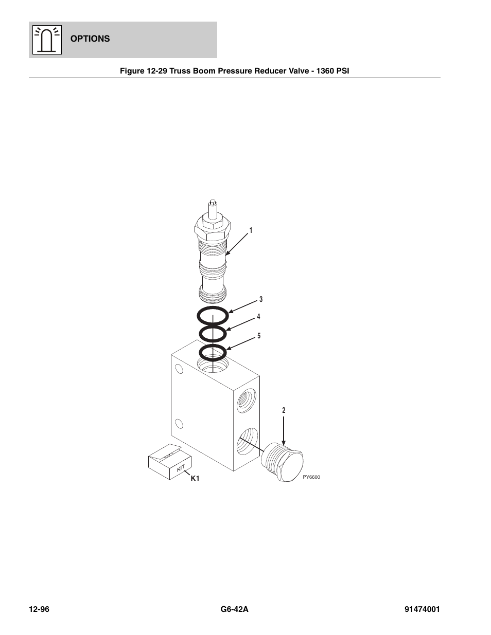 Truss boom pressure reducer valve - 1360 psi -96, Psi, (see figure 12-29 for details) | JLG G6-42A Parts Manual User Manual | Page 740 / 826
