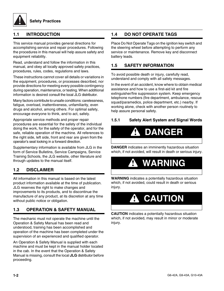 1 introduction, 2 disclaimer, 3 operation & safety manual | 4 do not operate tags, 5 safety information, 1 safety alert system and signal words, Introduction, Disclaimer, Operation & safety manual, Do not operate tags | JLG G6-42A Service Manual User Manual | Page 10 / 246