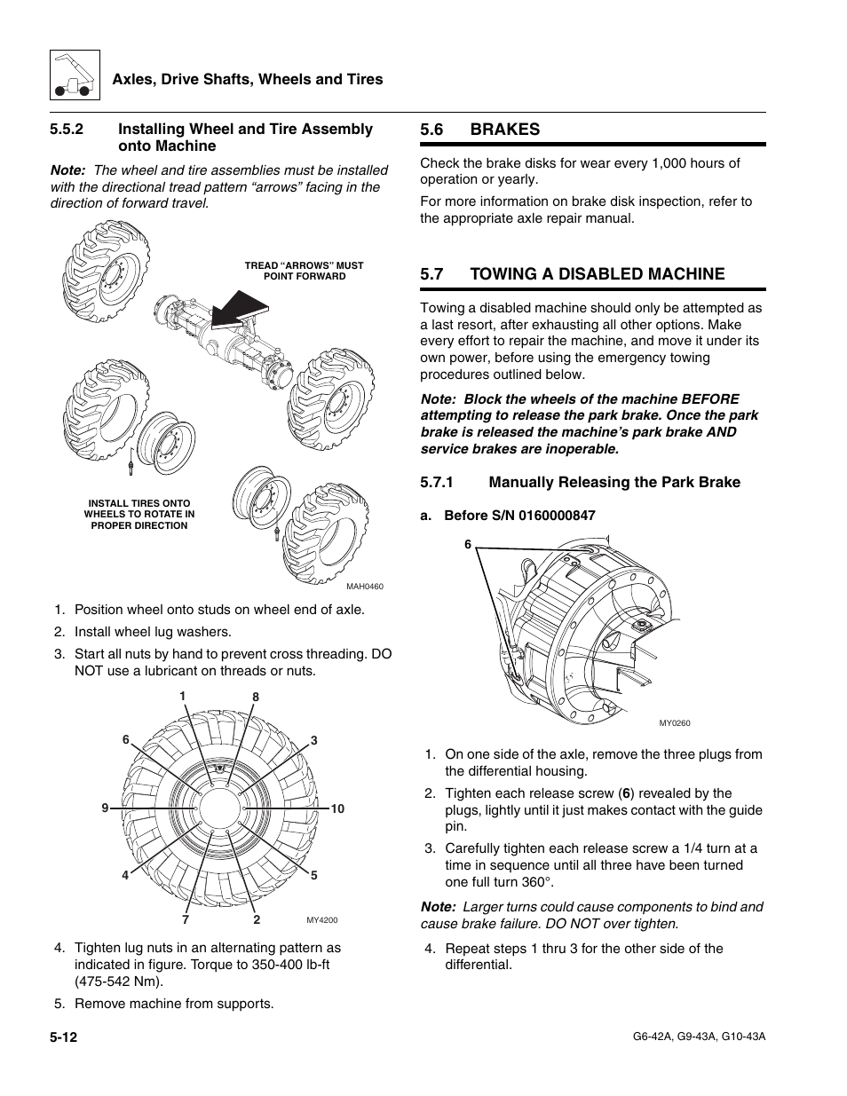 2 installing wheel and tire assembly onto machine, 6 brakes, 7 towing a disabled machine | 1 manually releasing the park brake, Brakes, Towing a disabled machine, Installing wheel and tire assembly onto machine, Manually releasing the park brake, Section 5.6, “brakes | JLG G6-42A Service Manual User Manual | Page 100 / 246