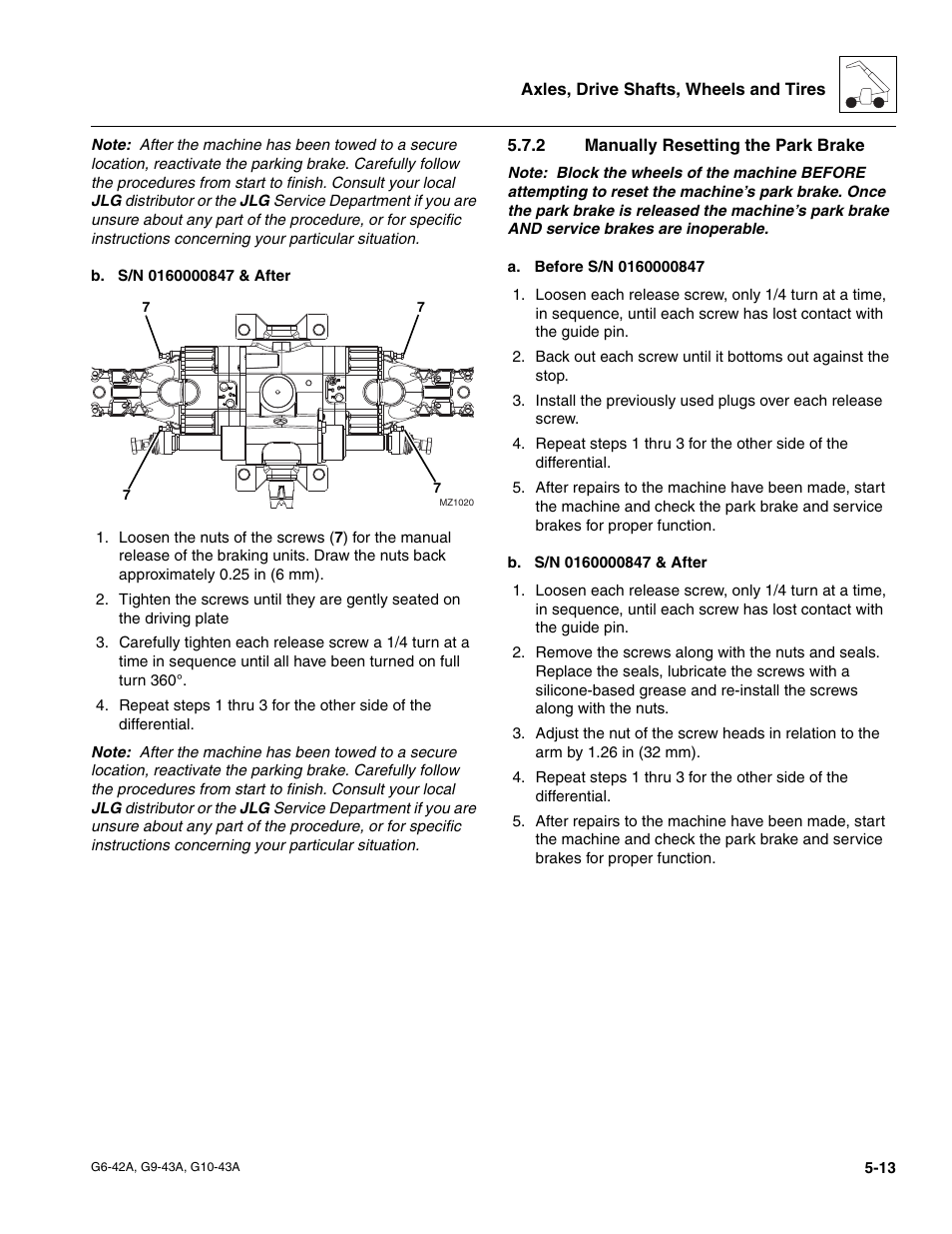 2 manually resetting the park brake, Manually resetting the park brake | JLG G6-42A Service Manual User Manual | Page 101 / 246