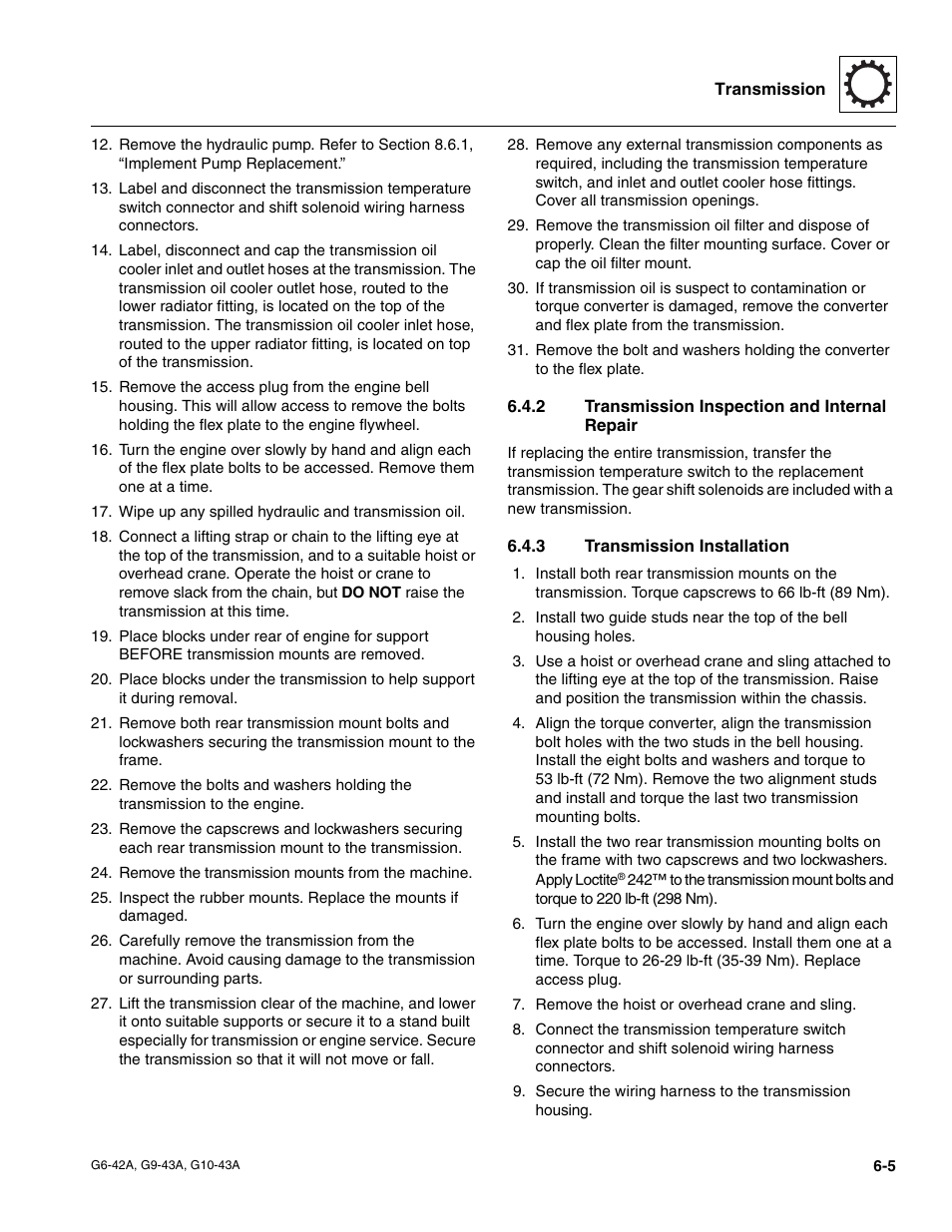 2 transmission inspection and internal repair, 3 transmission installation, Transmission inspection and internal repair | Transmission installation | JLG G6-42A Service Manual User Manual | Page 107 / 246