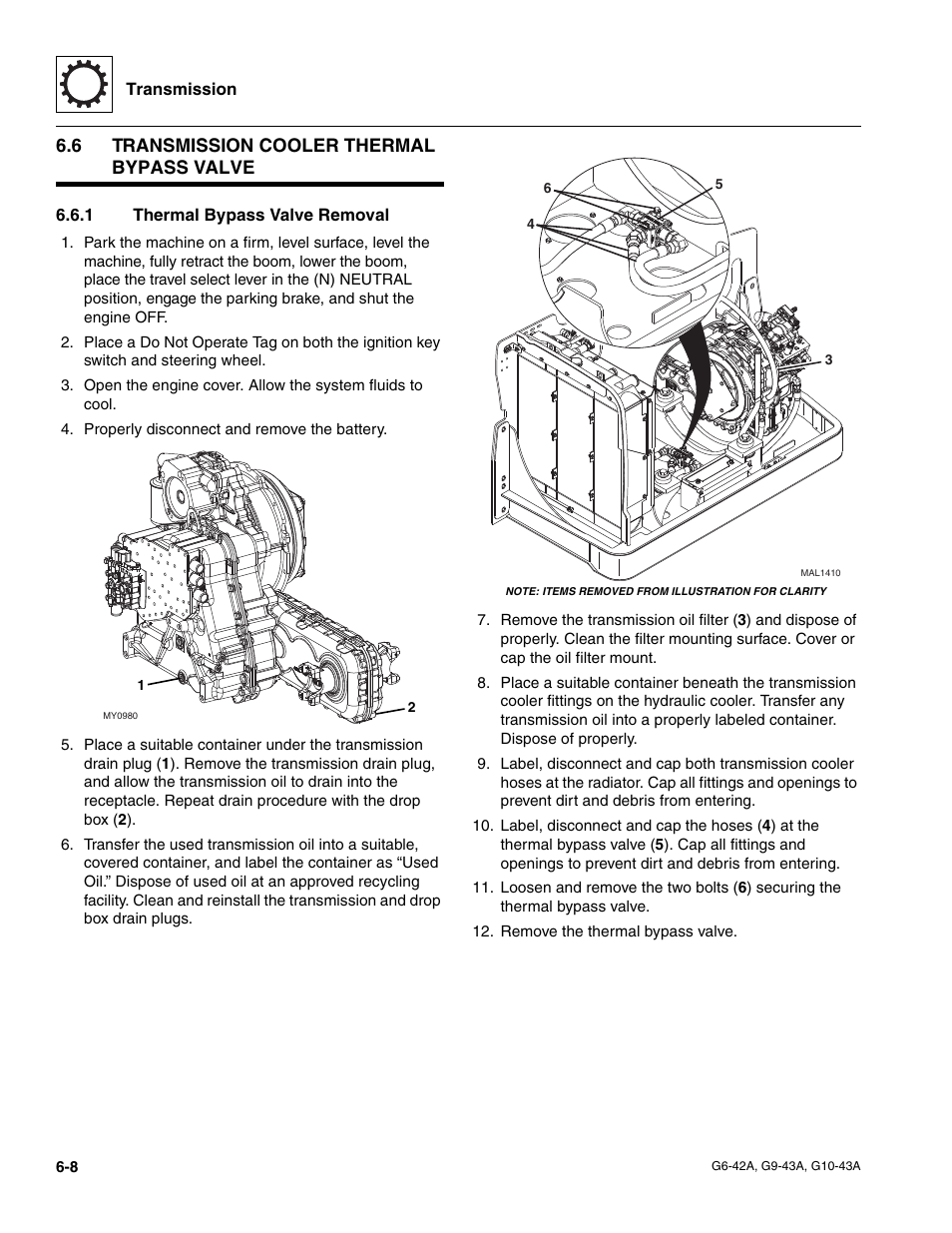 6 transmission cooler thermal bypass valve, 1 thermal bypass valve removal, Transmission cooler thermal bypass valve | Thermal bypass valve removal | JLG G6-42A Service Manual User Manual | Page 110 / 246