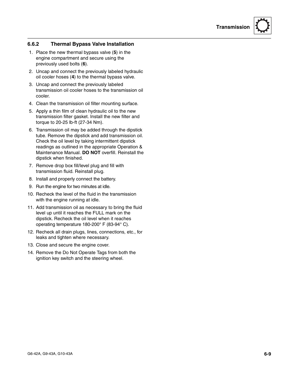 2 thermal bypass valve installation, Thermal bypass valve installation | JLG G6-42A Service Manual User Manual | Page 111 / 246