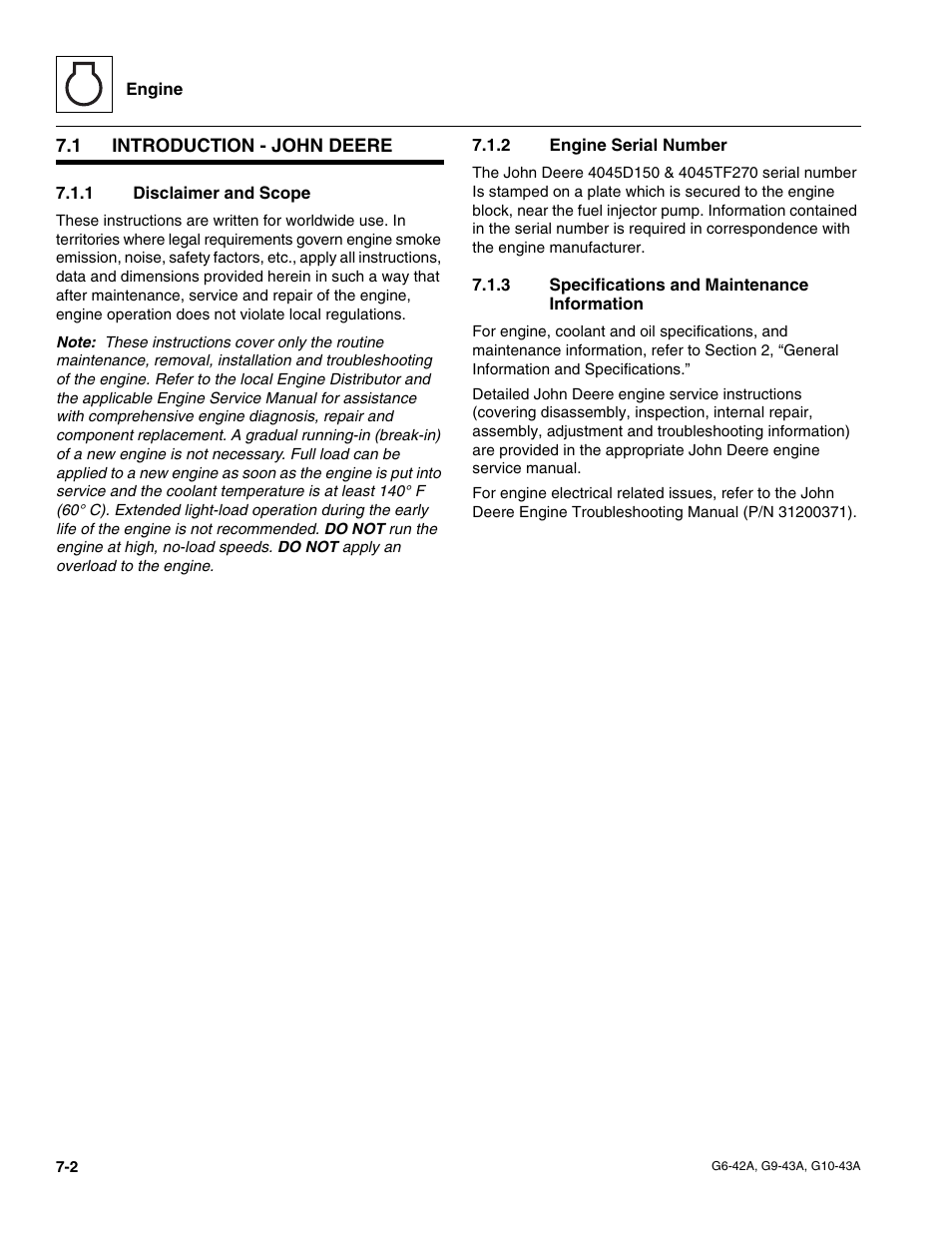 1 introduction - john deere, 1 disclaimer and scope, 2 engine serial number | 3 specifications and maintenance information, Introduction - john deere, Disclaimer and scope, Engine serial number, Specifications and maintenance information | JLG G6-42A Service Manual User Manual | Page 118 / 246