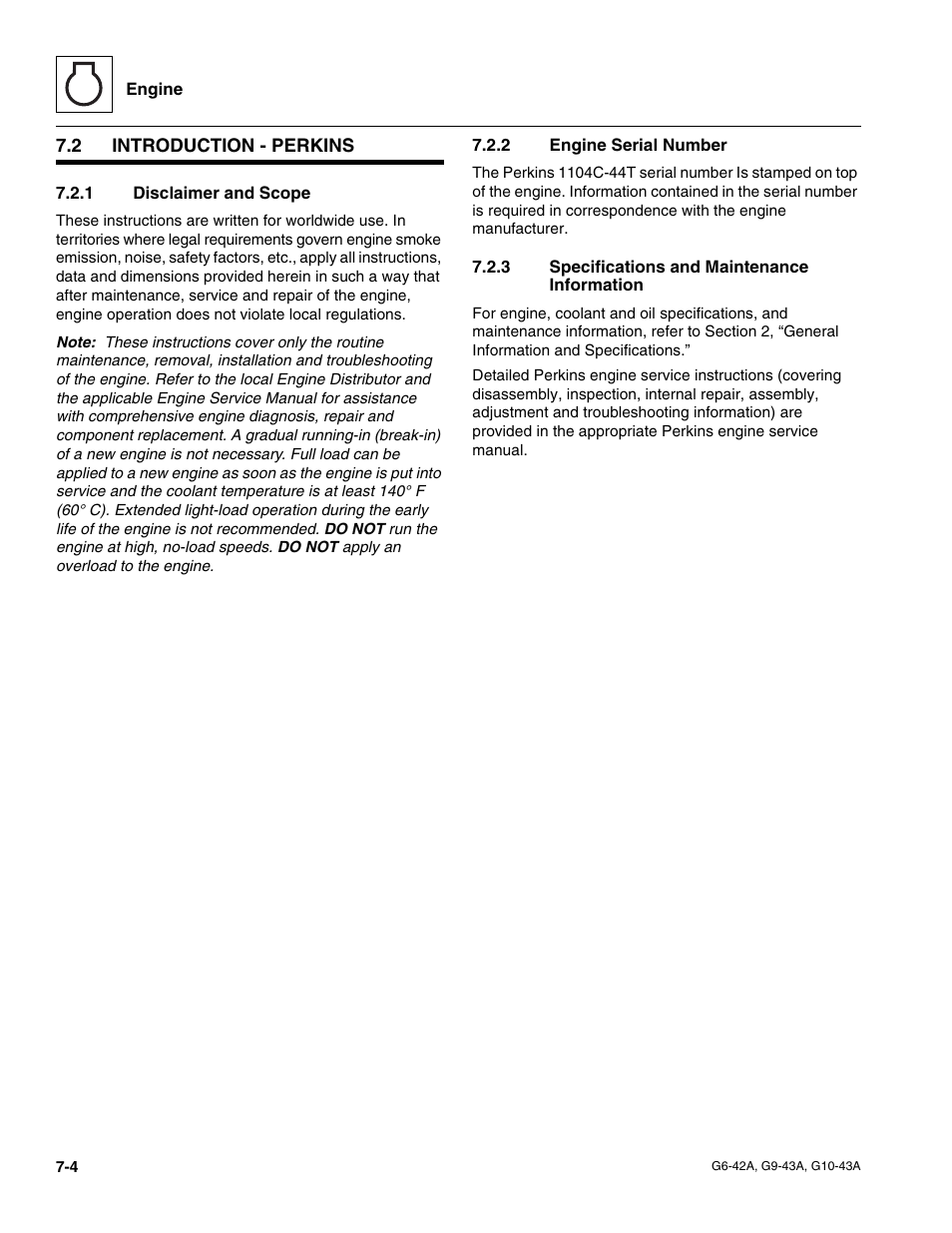 2 introduction - perkins, 1 disclaimer and scope, 2 engine serial number | 3 specifications and maintenance information, Introduction - perkins, Disclaimer and scope, Engine serial number, Specifications and maintenance information | JLG G6-42A Service Manual User Manual | Page 120 / 246