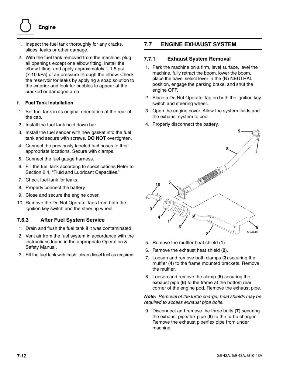 3 after fuel system service, 7 engine exhaust system, 1 exhaust system removal | Engine exhaust system, After fuel system service, Exhaust system removal | JLG G6-42A Service Manual User Manual | Page 128 / 246