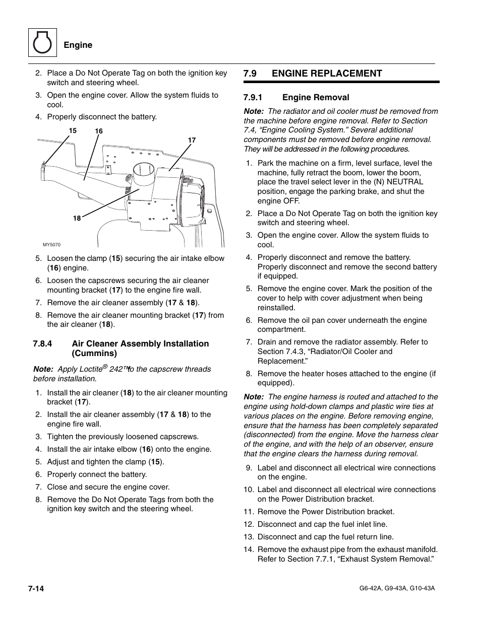 4 air cleaner assembly installation (cummins), 9 engine replacement, 1 engine removal | Engine replacement, Section 7.9.1, “engine removal, Air cleaner assembly installation (cummins), Engine removal | JLG G6-42A Service Manual User Manual | Page 130 / 246