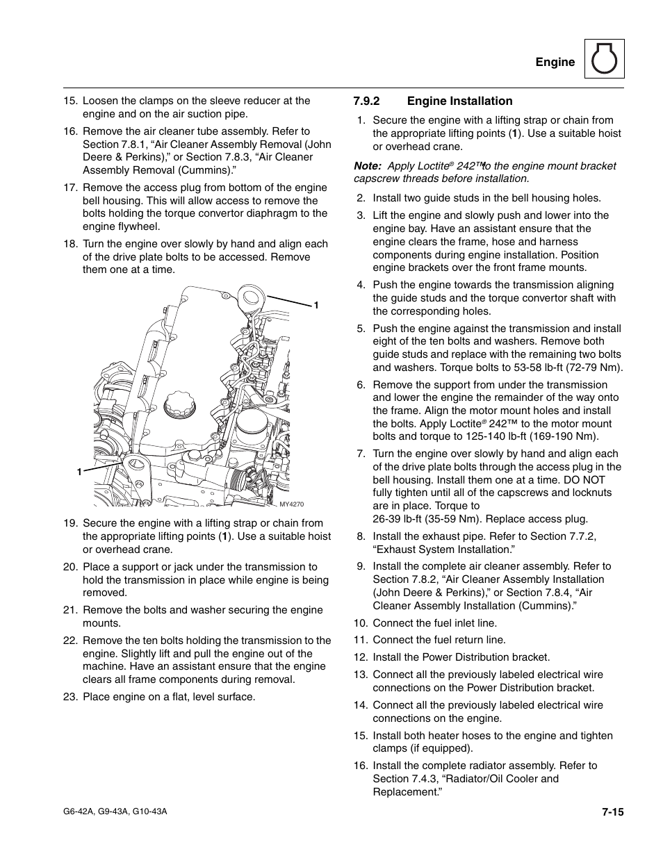 2 engine installation, Section 7.9.2, “engine installation.” f, Engine installation | JLG G6-42A Service Manual User Manual | Page 131 / 246
