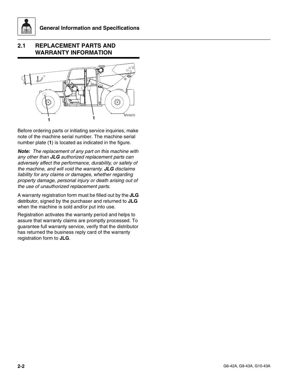 1 replacement parts and warranty information, Replacement parts and warranty information | JLG G6-42A Service Manual User Manual | Page 14 / 246