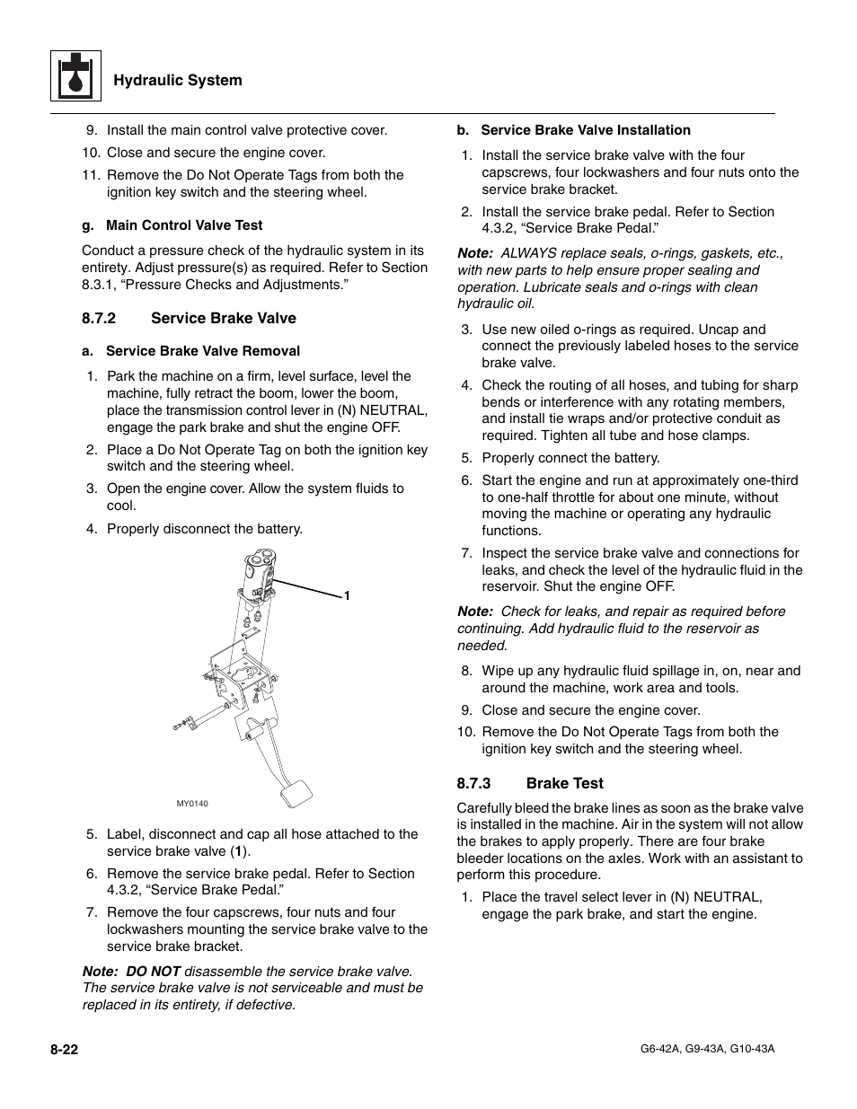 2 service brake valve, 3 brake test, Section 8.7.2, “service brake valve | Section 8.7.3, “brake, Test, Service brake valve, Brake test | JLG G6-42A Service Manual User Manual | Page 156 / 246