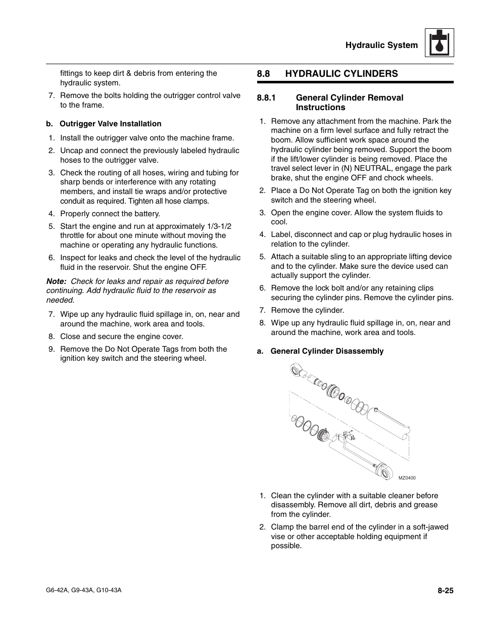 8 hydraulic cylinders, 1 general cylinder removal instructions, Hydraulic cylinders | R to section, 8, “hydraulic cylinders, 1, “general cylinder removal instructions, General cylinder removal instructions | JLG G6-42A Service Manual User Manual | Page 159 / 246