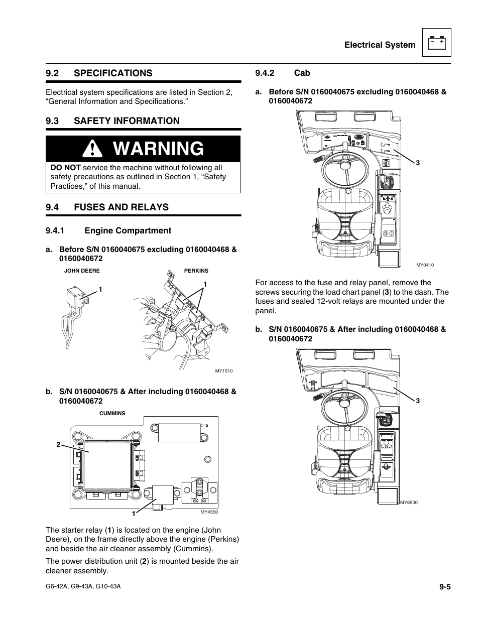 2 specifications, 3 safety information, 4 fuses and relays | 1 engine compartment, 2 cab, Specifications, Safety information, Fuses and relays, Engine compartment, Warning | JLG G6-42A Service Manual User Manual | Page 169 / 246