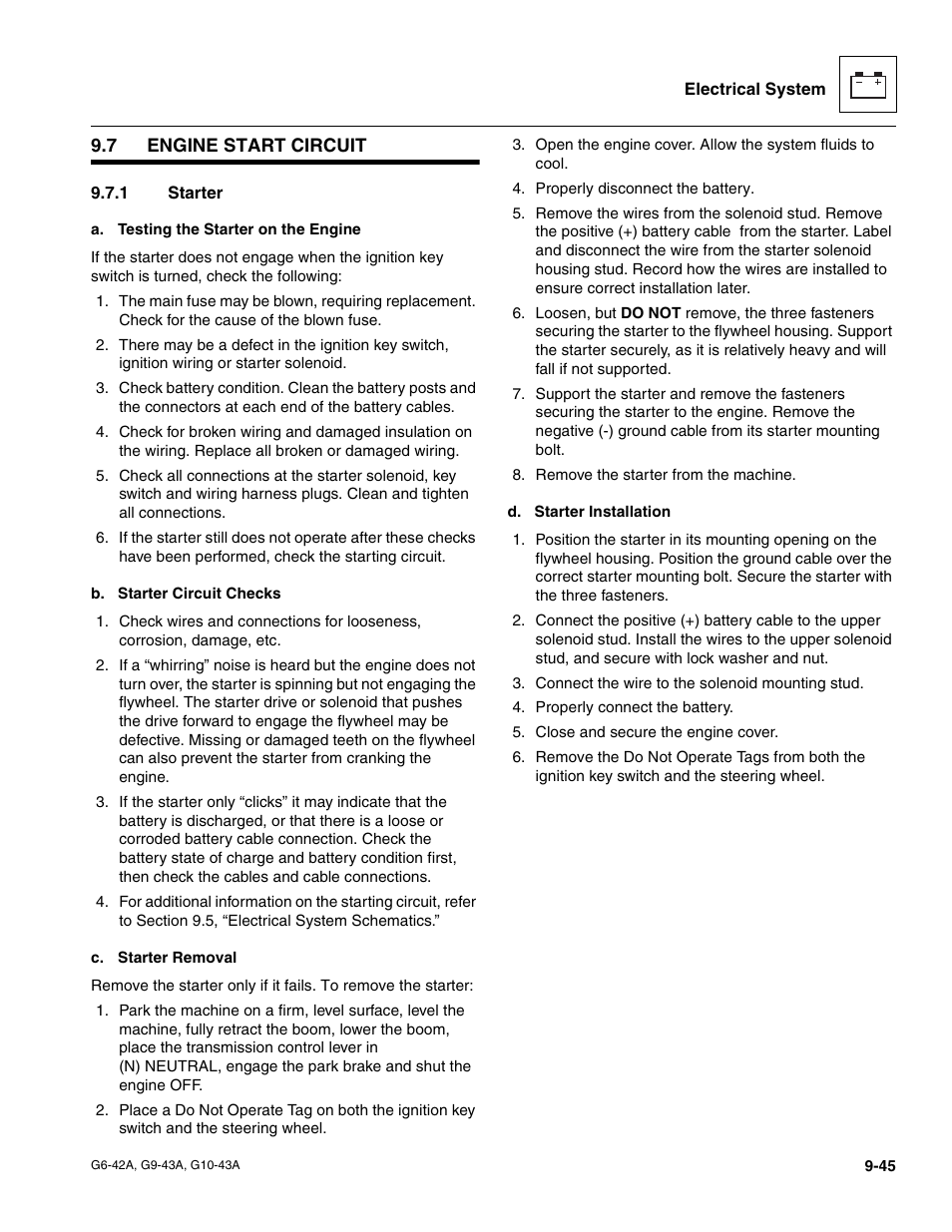 7 engine start circuit, 1 starter, Engine start circuit | Starter | JLG G6-42A Service Manual User Manual | Page 209 / 246