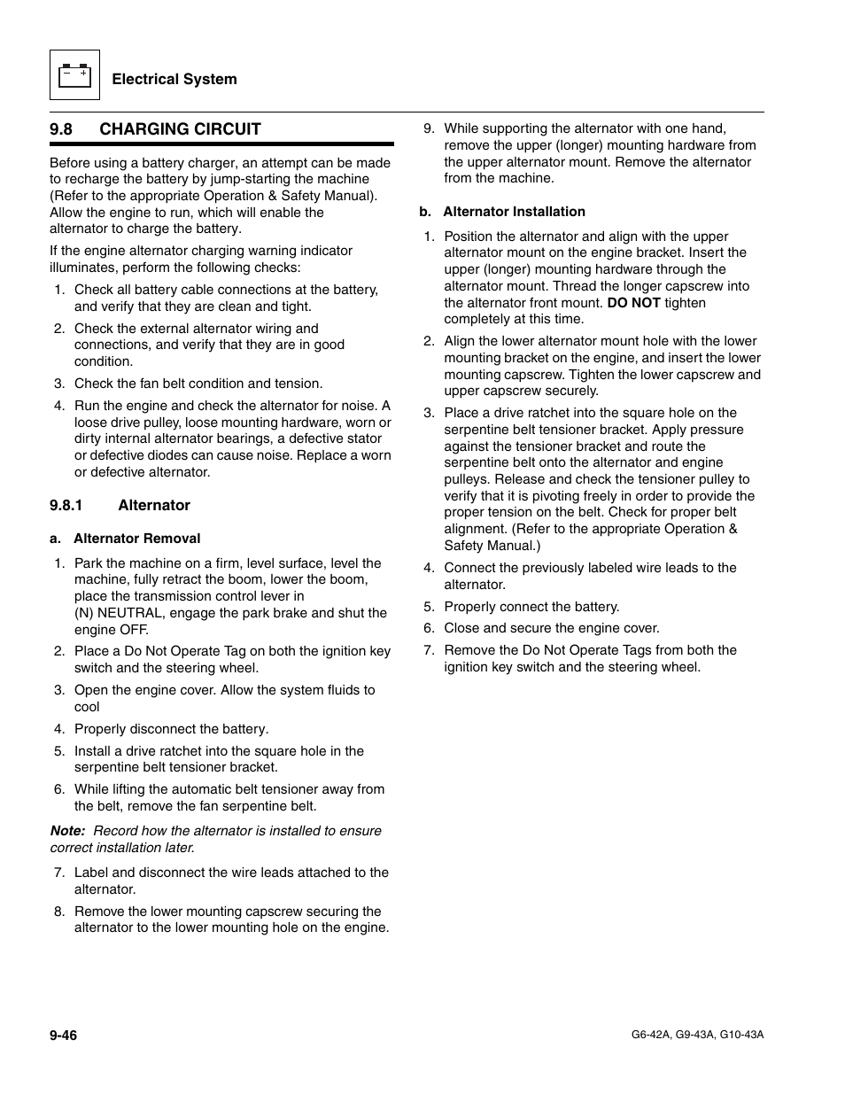 8 charging circuit, 1 alternator, Charging circuit | Alternator | JLG G6-42A Service Manual User Manual | Page 210 / 246