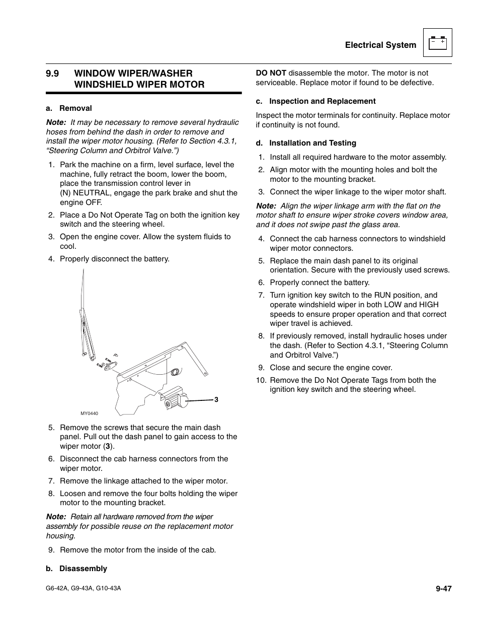 9 window wiper/washer windshield wiper motor, Window wiper/washer windshield wiper motor | JLG G6-42A Service Manual User Manual | Page 211 / 246