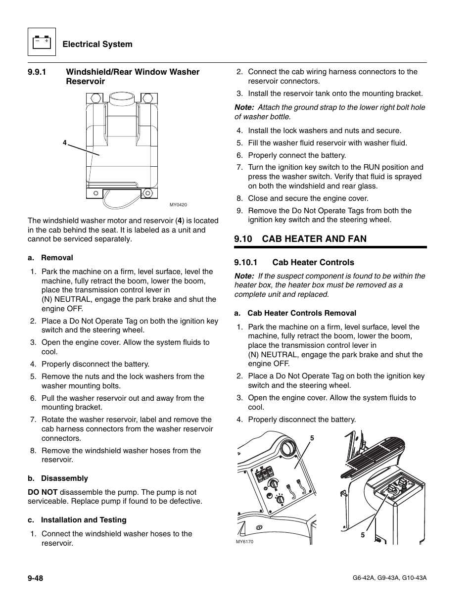 1 windshield/rear window washer reservoir, 10 cab heater and fan, 1 cab heater controls | Cab heater and fan, Windshield/rear window washer reservoir, Cab heater controls | JLG G6-42A Service Manual User Manual | Page 212 / 246