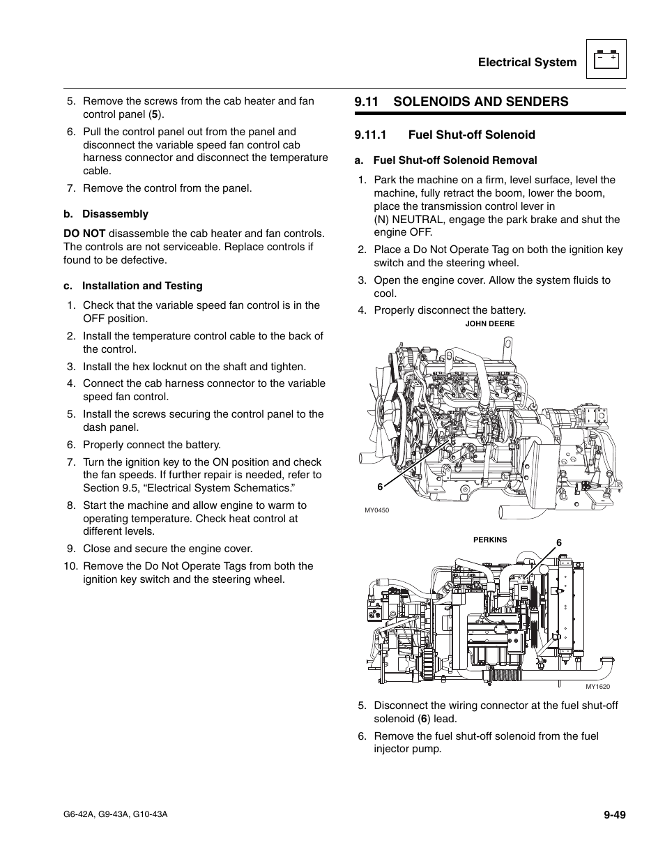 11 solenoids and senders, 1 fuel shut-off solenoid, Solenoids and senders | Fuel shut-off solenoid | JLG G6-42A Service Manual User Manual | Page 213 / 246