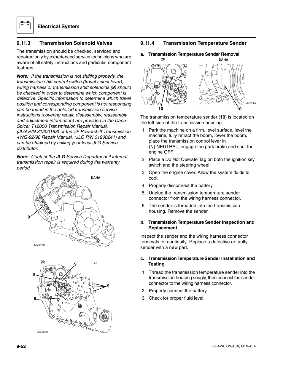 3 transmission solenoid valves, 4 transmission temperature sender, Section 9.11.3 | Transmission solenoid valves, Transmission temperature sender | JLG G6-42A Service Manual User Manual | Page 216 / 246