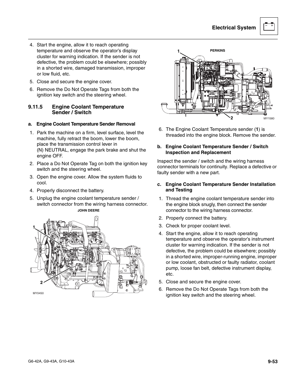 5 engine coolant temperature sender / switch, Engine coolant temperature sender / switch | JLG G6-42A Service Manual User Manual | Page 217 / 246