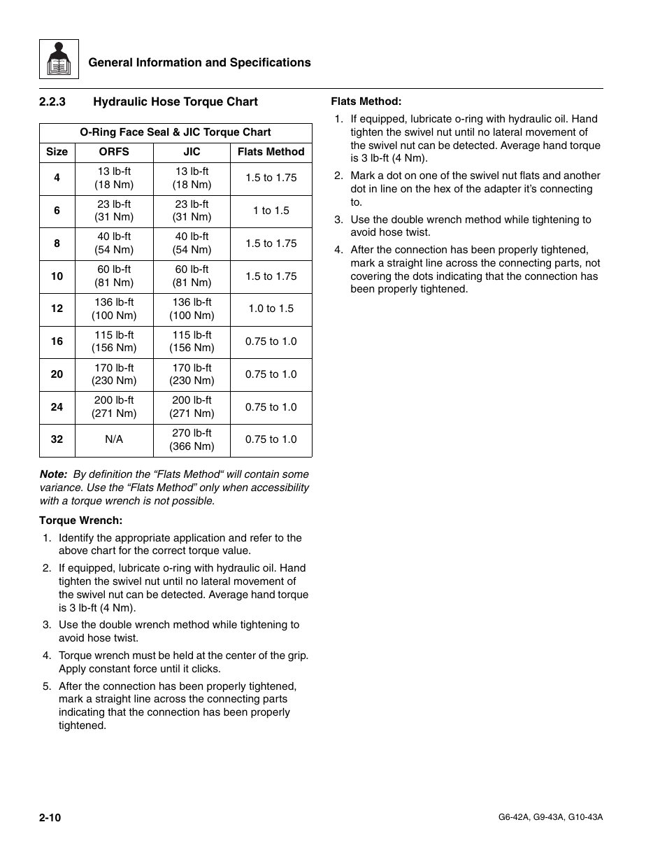 3 hydraulic hose torque chart, Hydraulic hose torque chart | JLG G6-42A Service Manual User Manual | Page 22 / 246