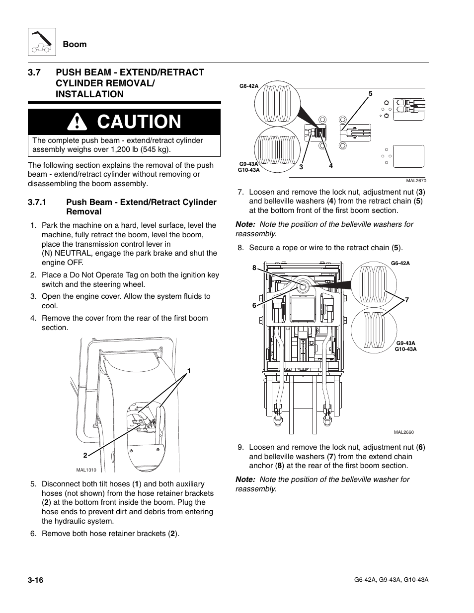 1 push beam - extend/retract cylinder removal, Push beam - extend/retract cylinder removal, Caution | JLG G6-42A Service Manual User Manual | Page 54 / 246