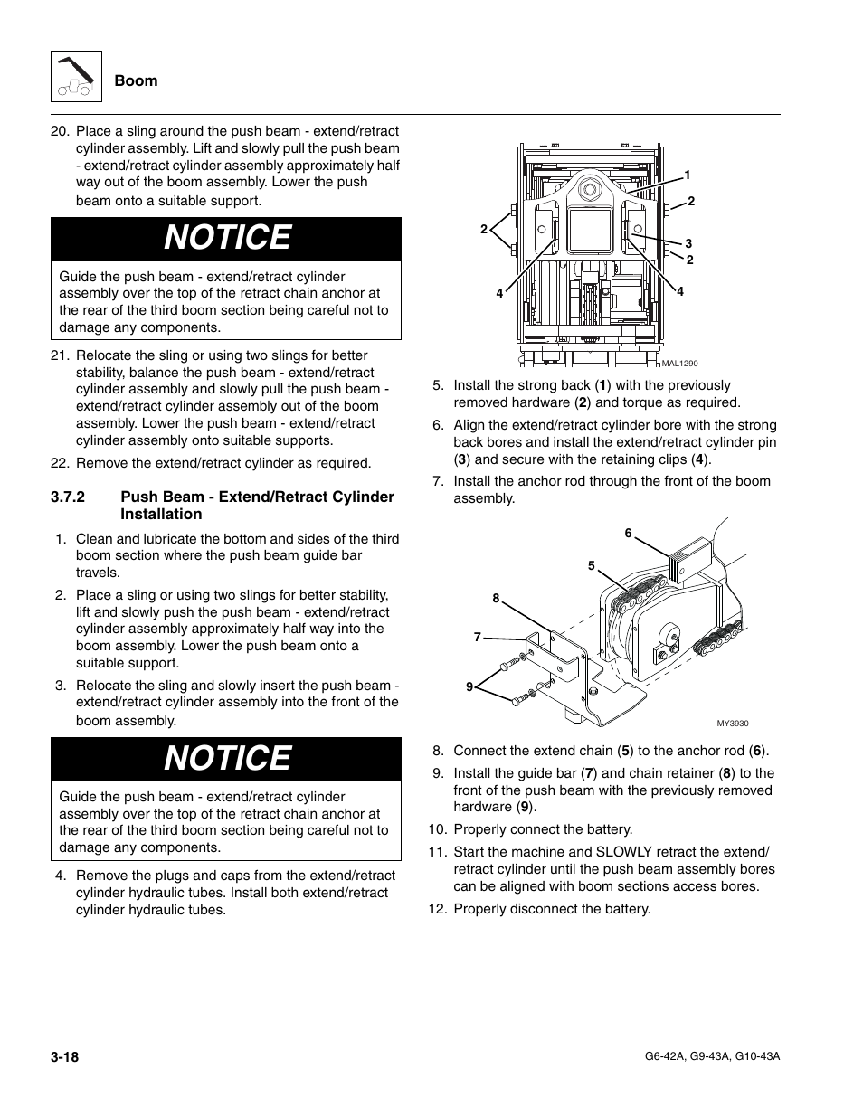 2 push beam - extend/retract cylinder installation, Push beam - extend/retract cylinder installation, Notice | JLG G6-42A Service Manual User Manual | Page 56 / 246