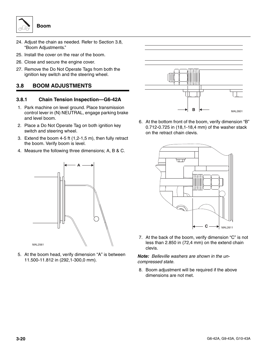 8 boom adjustments, 1 chain tension inspection—g6-42a, Boom adjustments | Chain tension inspection—g6-42a, Section 3.8, “boom adjustments | JLG G6-42A Service Manual User Manual | Page 58 / 246