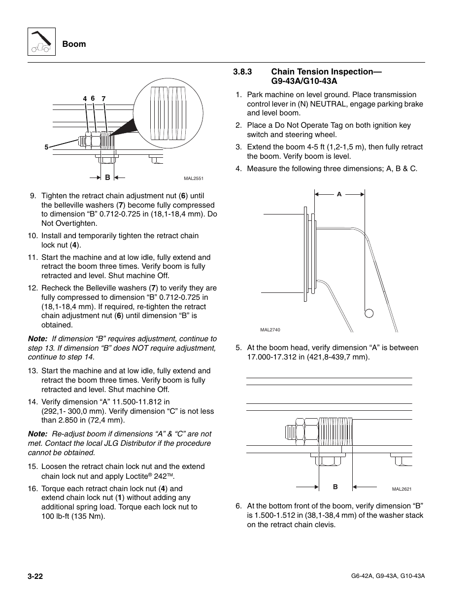 3 chain tension inspection— g9-43a/g10-43a, Chain tension inspection— g9-43a/g10-43a | JLG G6-42A Service Manual User Manual | Page 60 / 246
