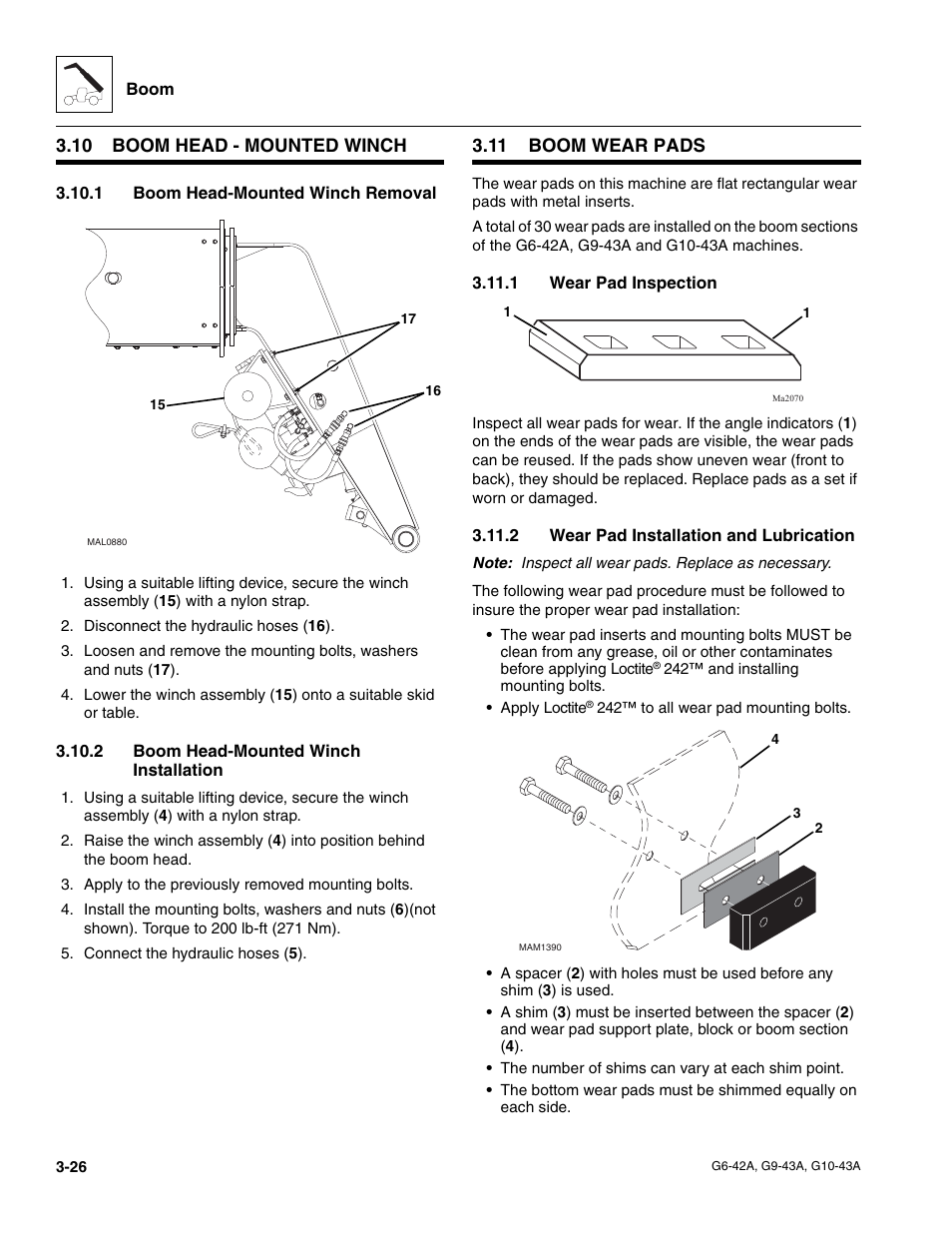 10 boom head - mounted winch, 1 boom head-mounted winch removal, 2 boom head-mounted winch installation | 11 boom wear pads, 1 wear pad inspection, 2 wear pad installation and lubrication, Boom head - mounted winch, Boom wear pads, Boom head-mounted winch removal, Boom head-mounted winch installation | JLG G6-42A Service Manual User Manual | Page 64 / 246