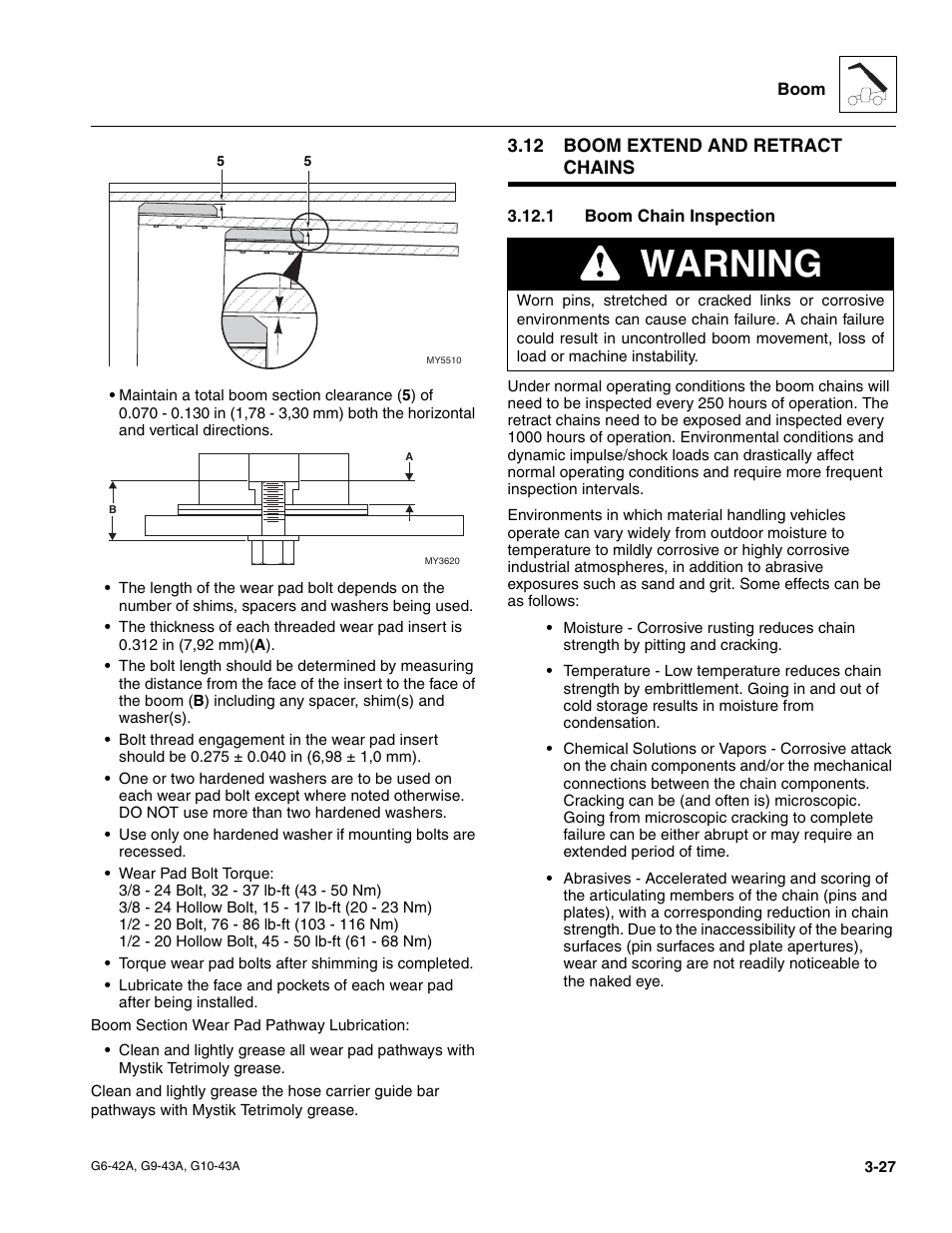 12 boom extend and retract chains, 1 boom chain inspection, Boom extend and retract chains | Boom chain inspection, Warning | JLG G6-42A Service Manual User Manual | Page 65 / 246