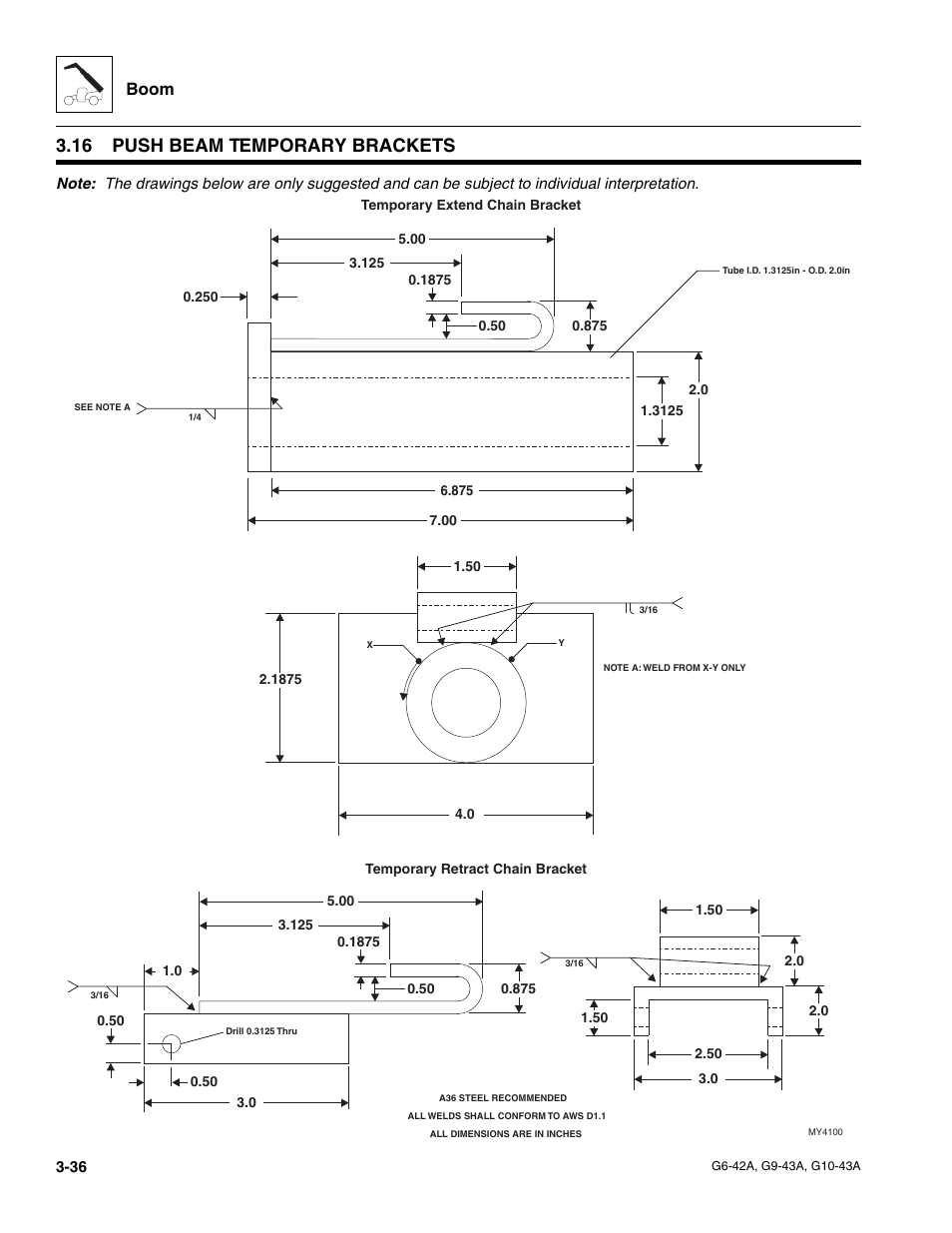 16 push beam temporary brackets, Push beam temporary brackets, Boom | JLG G6-42A Service Manual User Manual | Page 74 / 246