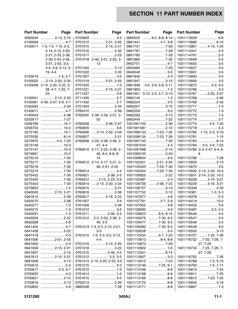Section 11 part number index, 11 - part number index -1 | JLG 340AJ Parts Manual User Manual | Page 195 / 204