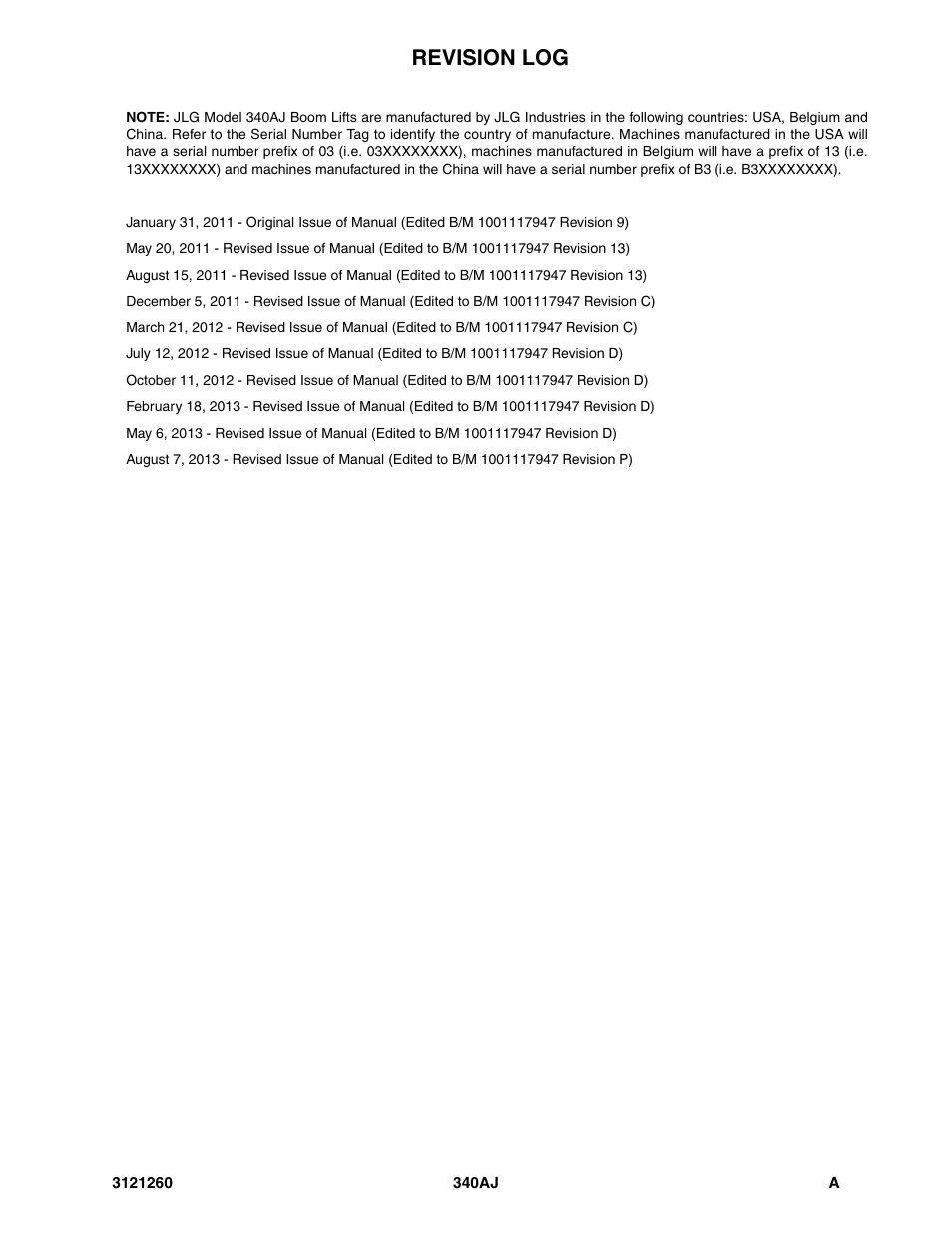 Revision log | JLG 340AJ Parts Manual User Manual | Page 3 / 204