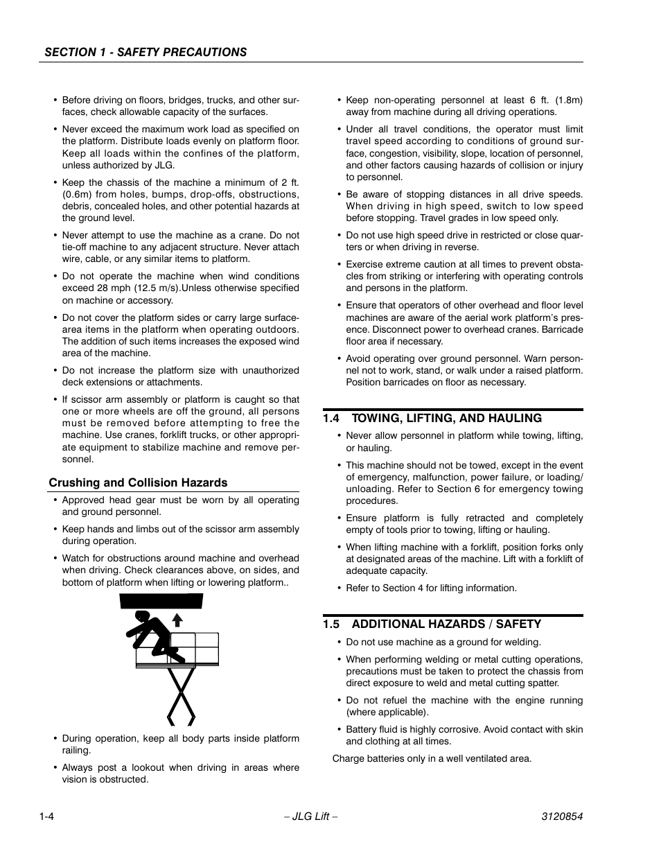 Crushing and collision hazards, 4 towing, lifting, and hauling, 5 additional hazards / safety | JLG 3246E2 Operator Manual User Manual | Page 12 / 46