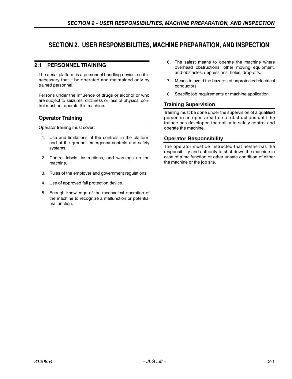 1 personnel training, Operator training, Training supervision | Operator responsibility, Personnel training -1 | JLG 3246E2 Operator Manual User Manual | Page 13 / 46