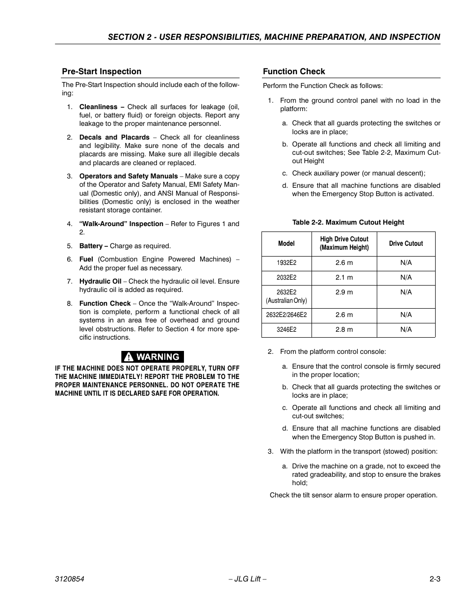 Pre-start inspection, Function check, Maximum cutout height -3 | JLG 3246E2 Operator Manual User Manual | Page 15 / 46
