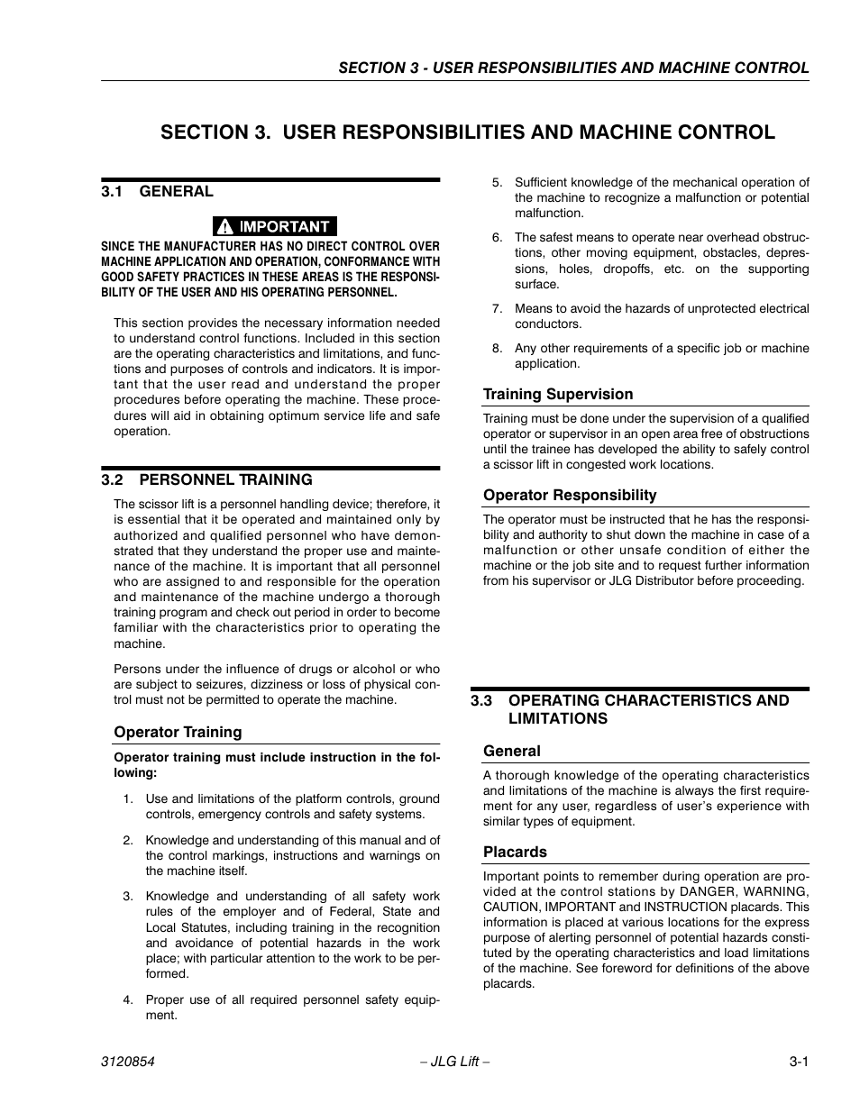 1 general, 2 personnel training, Operator training | Training supervision, Operator responsibility, 3 operating characteristics and limitations, General, Placards, General -1, Personnel training -1 | JLG 3246E2 Operator Manual User Manual | Page 21 / 46