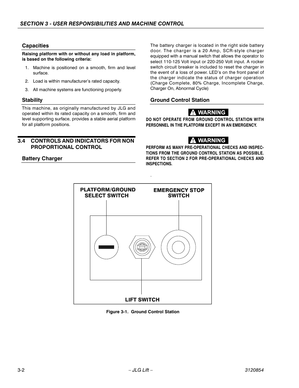 Capacities, Stability, Battery charger | Ground control station, Ground control station -2 | JLG 3246E2 Operator Manual User Manual | Page 22 / 46